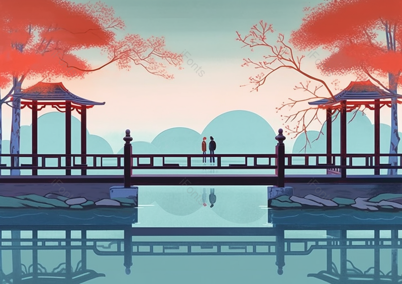 双人国风亭子国潮桥水面平静倒影蓝色天空背景,插画/手绘图,插画/手绘图库,插画/手绘图下载,插画/手绘